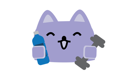 Broadcat holding a water bottle and a gym weight.