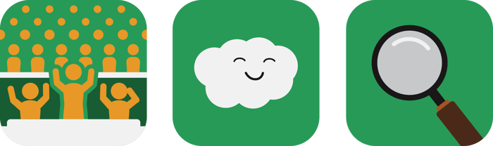 Icons of a large group of people at an event, a cloud with a content facial expression, and a magnifying glass.