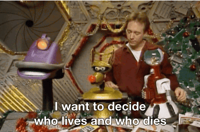 A robot reindeer saying, "I want to decide who lives and who dies."