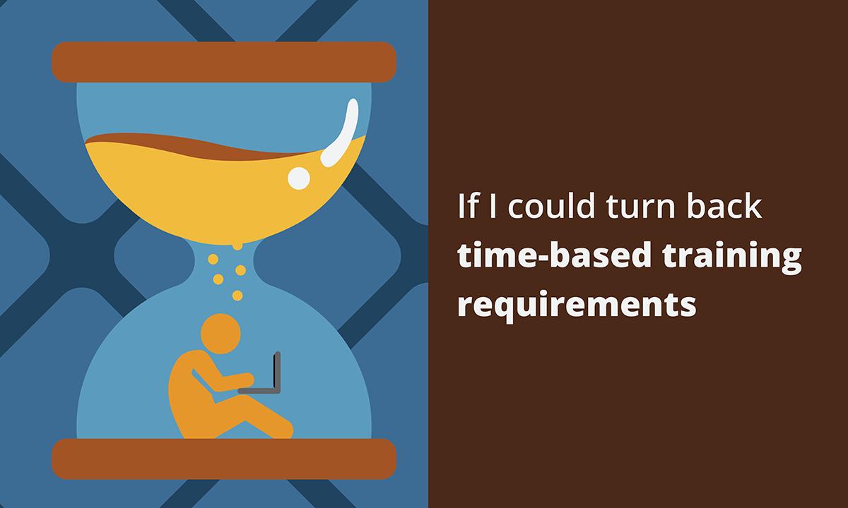 Illustration of person sitting in an hourglass with their computer, taking mandatory time-based training.